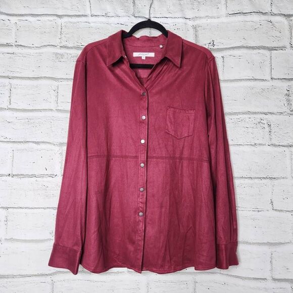Foxcroft NYC Collared Chest Pocket Full Snap Button-Up Top Maroon Size 18 Suede - Picture 1 of 13
